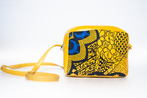 Petit sac long bandoulière wax similicuir jaune bleu noir