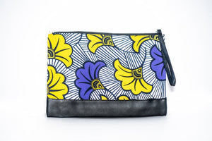 Petite pochette wax similicuir feuille jaune violet blanc