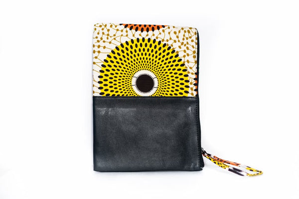 Petite pochette wax similicuir deux tons noir orange jaune