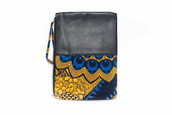 Petite pochette wax similicuir deux tons noir bleu jaune