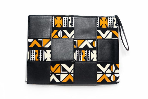 Grande pochette Wax similicuir noir blanc jaune