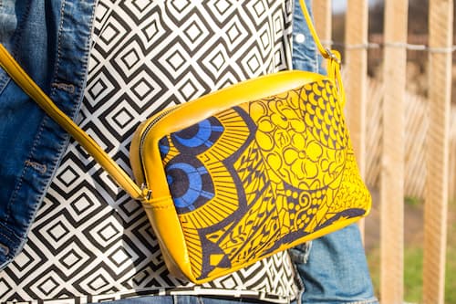 Petit sac long bandoulière wax similicuir jaune bleu noir