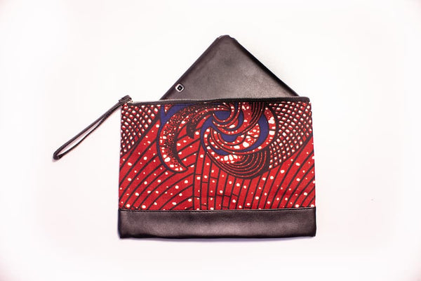 Petite pochette wax similicuir rouge bordeaux noir bleu blanc