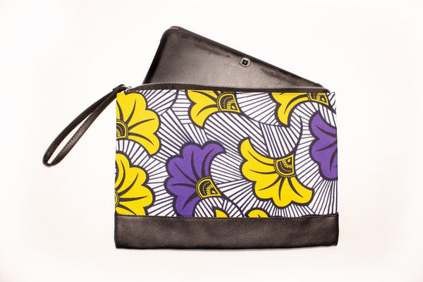 Petite pochette wax similicuir feuille jaune violet blanc