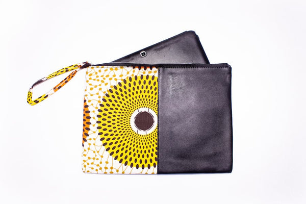 Petite pochette wax similicuir deux tons noir orange jaune