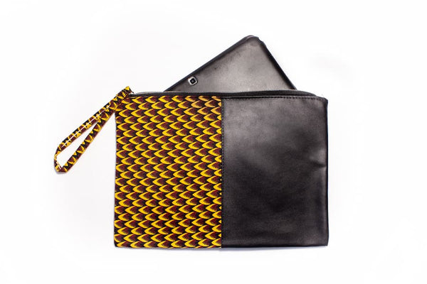 Petite pochette wax similicuir deux tons noir jaune rouge