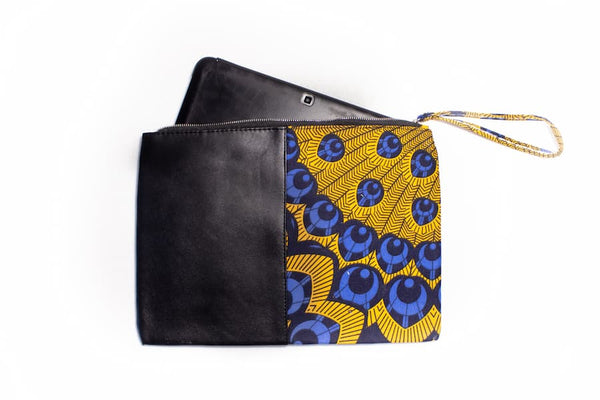 Petite pochette wax similicuir deux tons noir bleu jaune