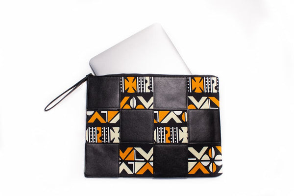 Grande pochette Wax similicuir noir blanc jaune